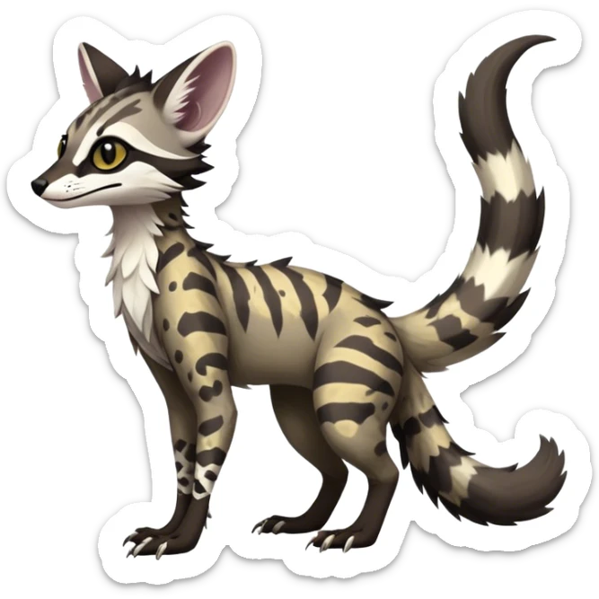 Feral Rare Fantasy dark tropical Vernid-Sergal-Genet-Trico-species by LiLaiRa, random markings, tufted tail, tufted ears, full body sticker