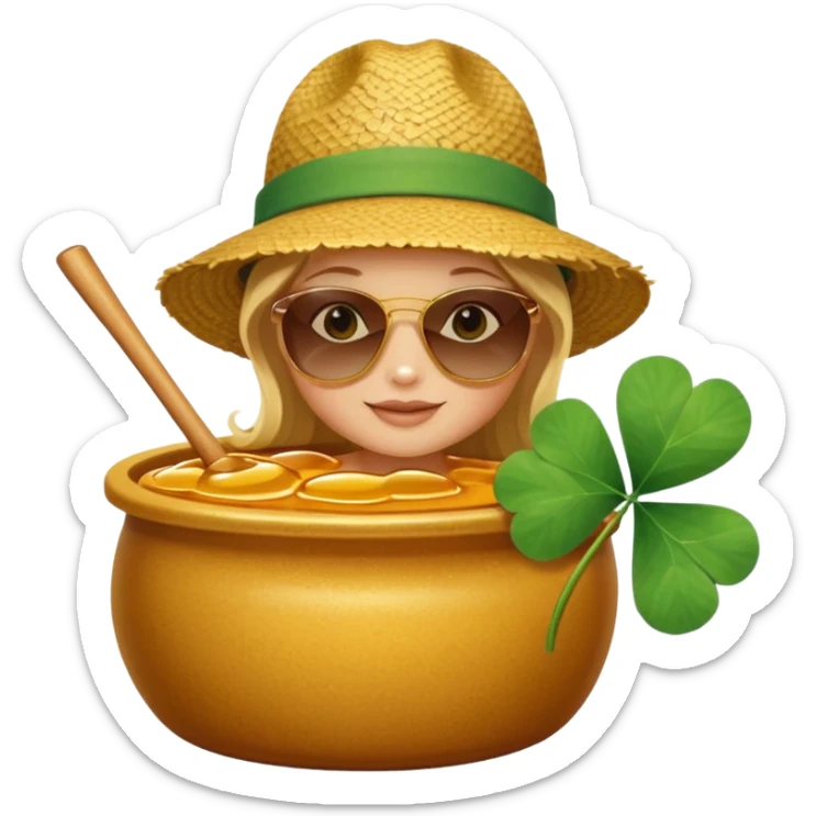 A hunny playing or eating out of a big pot of honey (like the one Winnie the Pooh played with) and have a Irish four leaf clover ground cover and a beach back drop  sticker