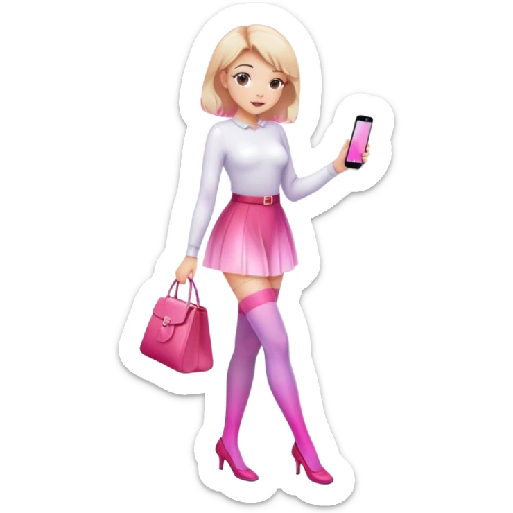 Cute girl character in stockings adjusting fashion accessory, pink gradient, glass effect, minimalist design sticker