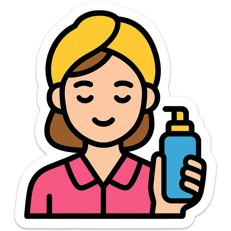 preppy girl with a towel headband, holding skincare bottle sticker
