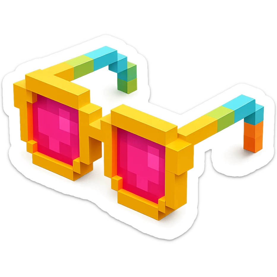 Voxel-style glasses with pink lenses, colorful and vibrant sticker