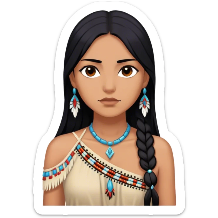 Cinematic Realistic Pocahontas Portrait, depicted with lifelike skin texture, soft natural lighting, and intricately detailed long, flowing raven-black hair that moves gracefully in the wind. Her deep, soulful dark brown eyes exude wisdom and strength, complemented by a serene yet powerful expression. She is dressed in her classic one-shoulder native american dress, with rich fabric textures and delicate beaded details that catch the light beautifully. The portrait features a soft, sun-kissed glow with a natural, radiant finish, capturing the essence of untamed beauty and deep connection to nature in a realistic and painterly style, evoking a sense of depth and authenticity. sticker