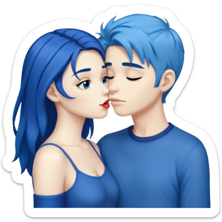 Dark blue haired girl with blue hair boy kissing sticker