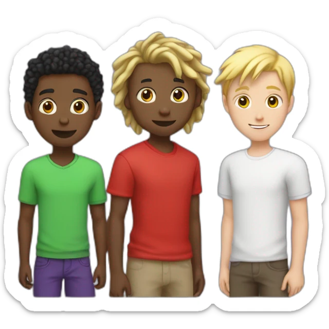 black boy in red shirt with short dreads next to a white boy in green shirt with short blonde hair, next to a white boy with brown hair, purple shirt sticker