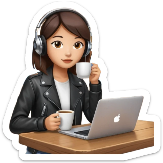 A Korean girl at a dive bar with a laptop and headphones on holding a cup of coffee sticker