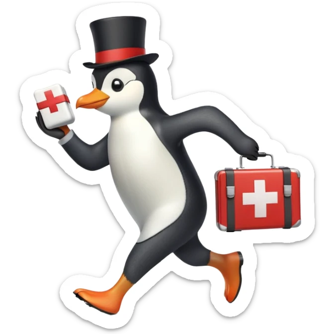 side view of a doctor penguin running with a top hat holding a first aid medical box with a red cross sticker