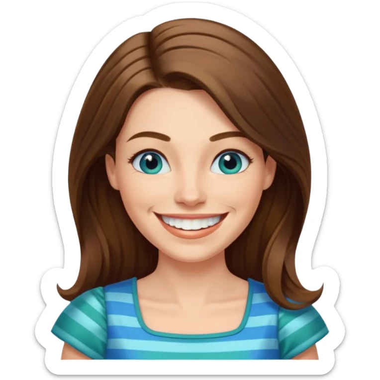 40 yr Caucasian woman, long brown hair parted on side, white stripe in hair, blue green dress ,big smile, white teeth, dimples, blue eyes sticker