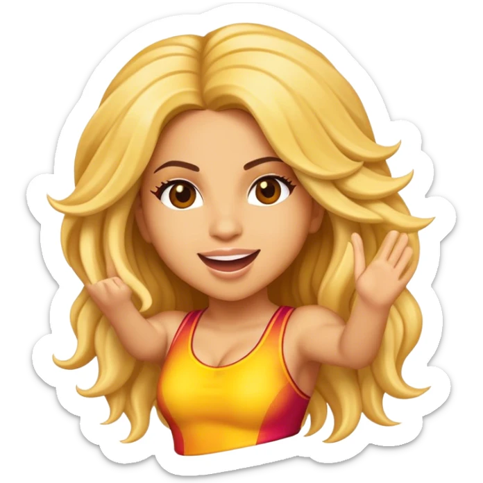 Cinematic Realistic Shakira Pop Culture Emoji, depicted with an energetic, dynamic portrayal of the global pop star rendered with lifelike textures and vibrant, charismatic lighting. sticker