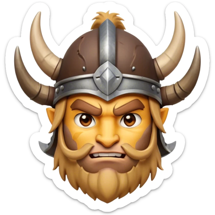 Clash of Clans aesthetic friendly Barbarian Portrait Emoji, Poised and bold with a rugged yet cartoonish build in tattered furs and a horned helmet, his face rendered in a natural skin tone (not yellow), expressive bright eyes and a confident smirk, Simplified yet dynamic features, highly detailed, glowing with a vivid, adventurous aura, high shine, heroic and spirited, stylized with an air of medieval warrior charm, focused and energetic, soft glowing outline, capturing the essence of a fearless barbarian adventurer ready to lead his clan with spirited valor! sticker