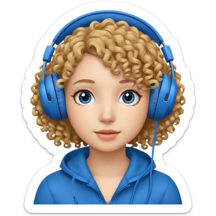 A girl with curly hair listening to music with blue headphones sticker