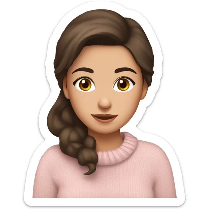 Pretty brown eyed brunette girl with light pink sweater reading cozy sticker