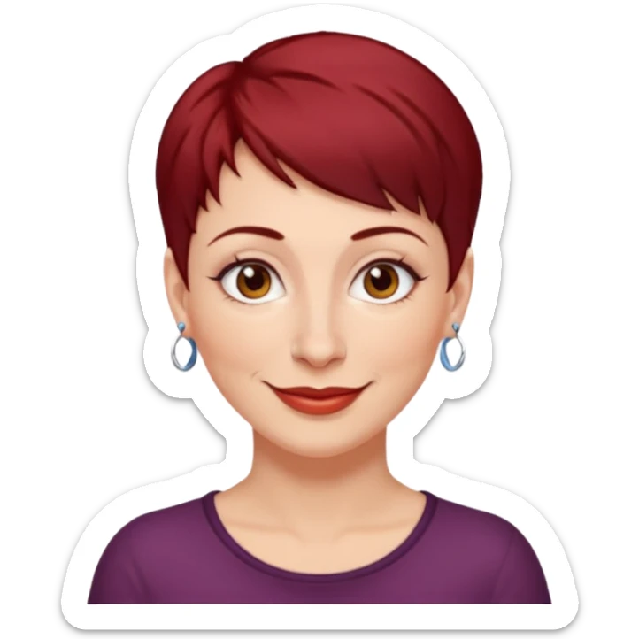 femme 40 ans, cheveux très court rouge foncé piercing sur le nez yeux marrons sticker