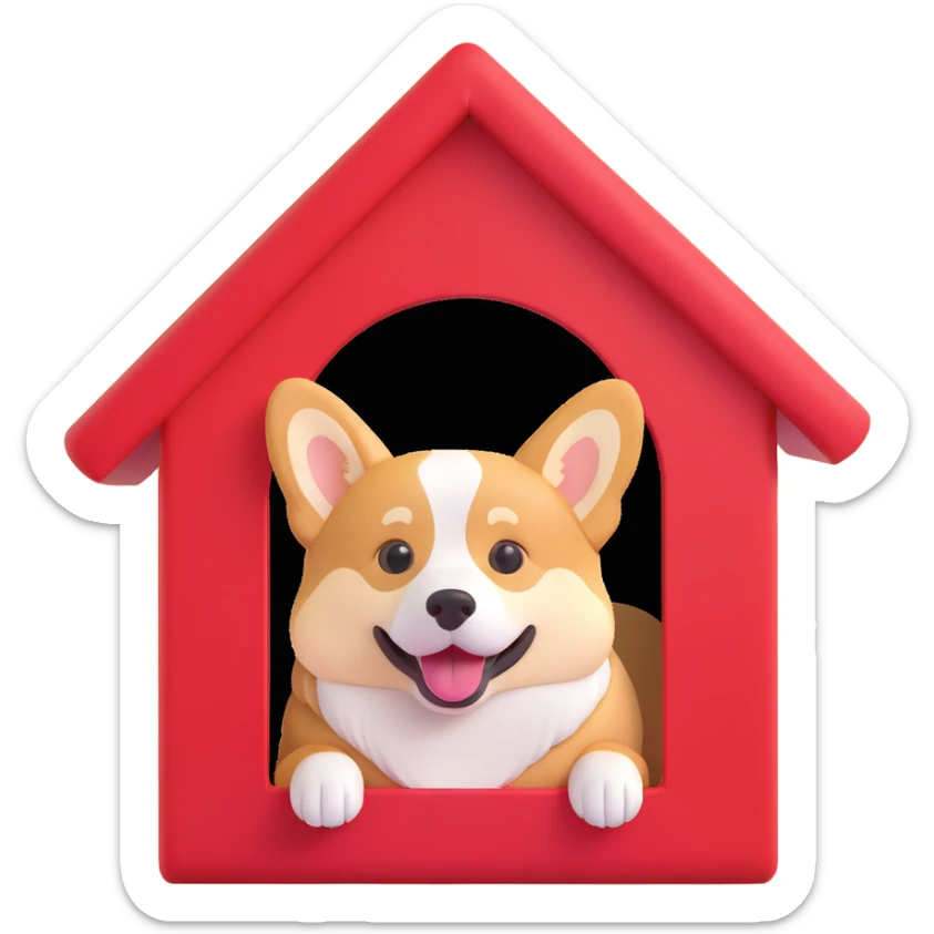 red dog house with a Corgi dog inside, Corgi visible through the doorway, semi-realistic with rounded, simplified emoji look sticker