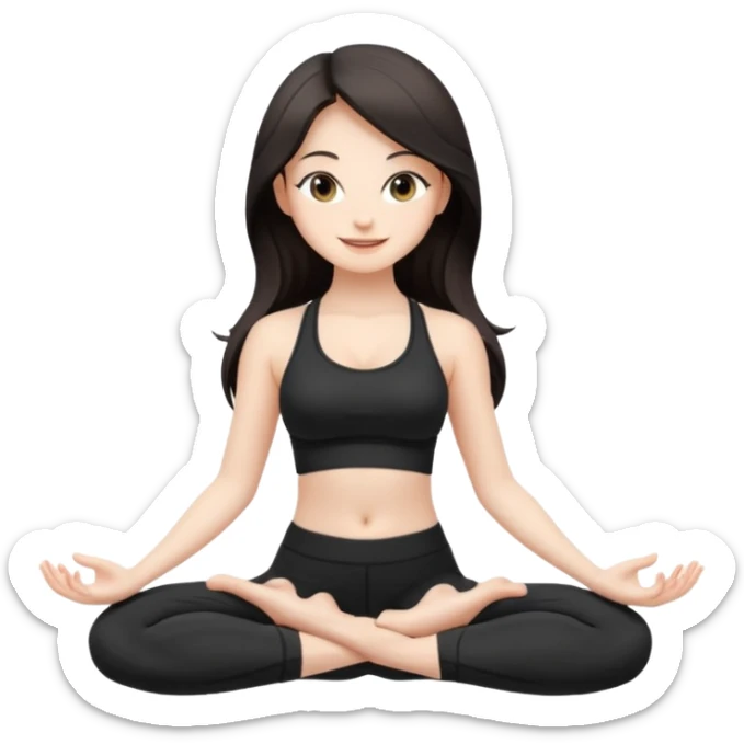 Девушка белокожая, с длинными темными волосами, в черной одежде для йоги, стоит в позе лотоса, в стиле бимбо пилатес, правильные пропорции, только человек, без ступней sticker