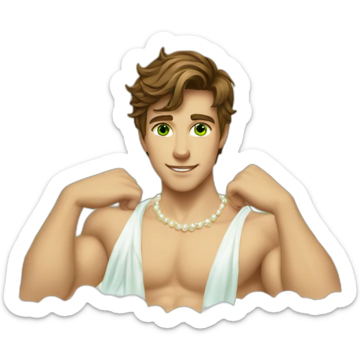 Posh-muscle-boy-brown-hair-green-eyes-pearl-necklace-in-golden-bathtub sticker