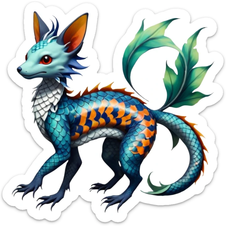 Edgy badass swimmy wet painted intricate ornate Japanese Asian koi-Sergal-Lykoi-Linoone-Electrike-Leafeon-fusion-hybrid-animal-Fakémon-creature, full body, thin long sleek scaly tail, intricate markings sticker