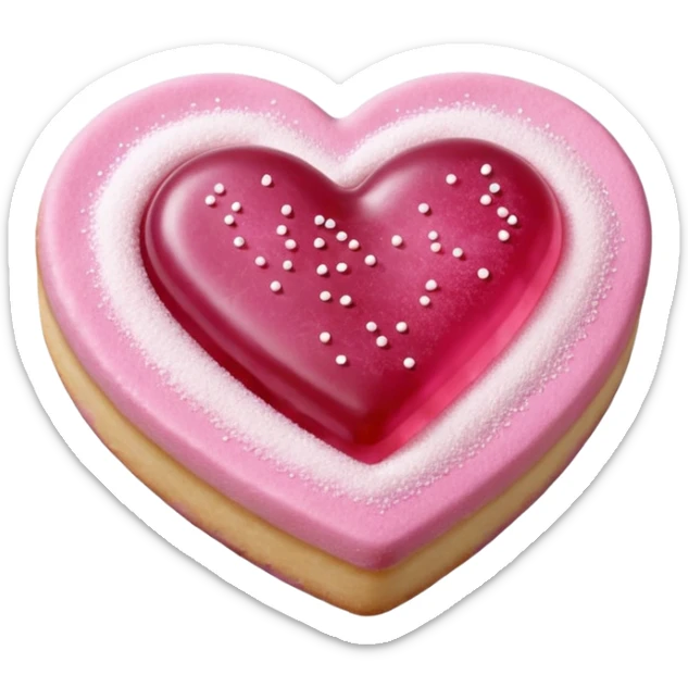 Realistic shortbread cookie in the shape of a heart with pink jelly middle filling and sprinkled powder sugar on top. sticker
