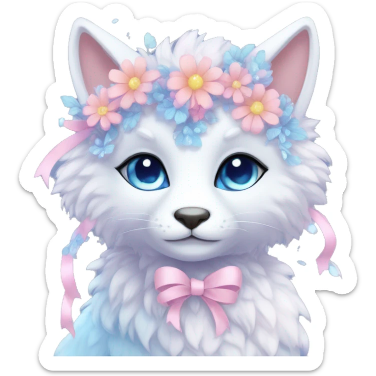 Anthro Cute Cool Pastel Kawaii gorgeous sparkly ethereal fantasy animal creature with blue eyes furry sona with flowers and ribbons beautiful aesthetic sticker