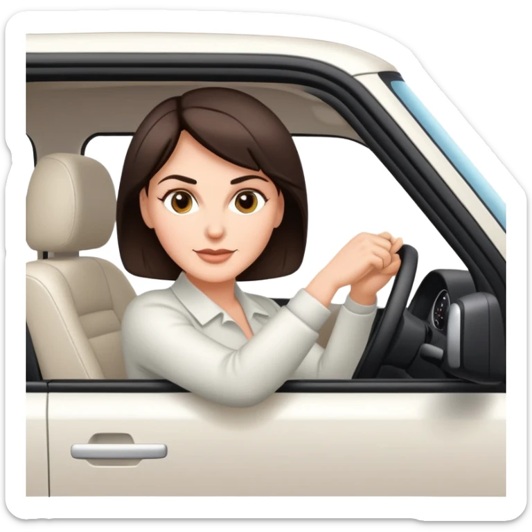 Pretty, mature, sexy white woman with short dark brown hair, driving a White SUV sticker