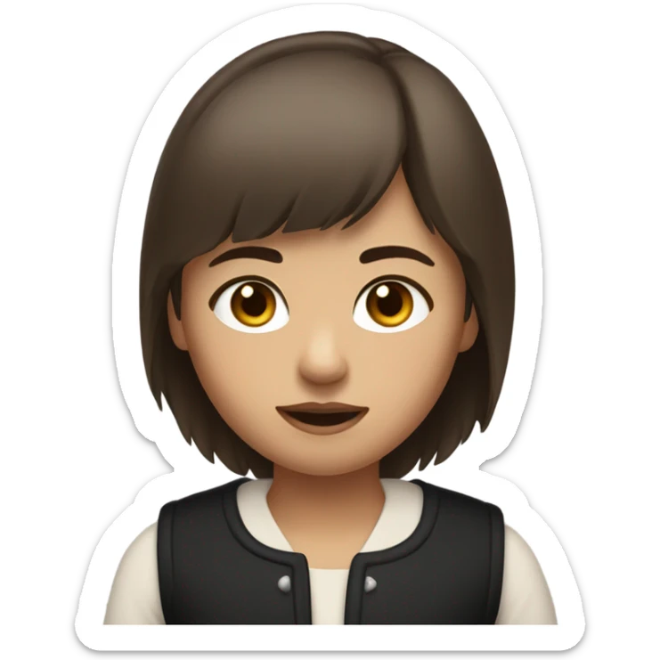 a girl with short brown hair in a wolfcut and little bangs. has brown eyes and is wearing a black vest. and had a neutral expression sticker