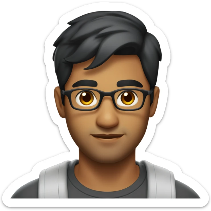A head and shoulders shot of a 32 year old South Asian man, with short black hair,  wearing glasses with brown eyes wearing a t-shirt. sticker