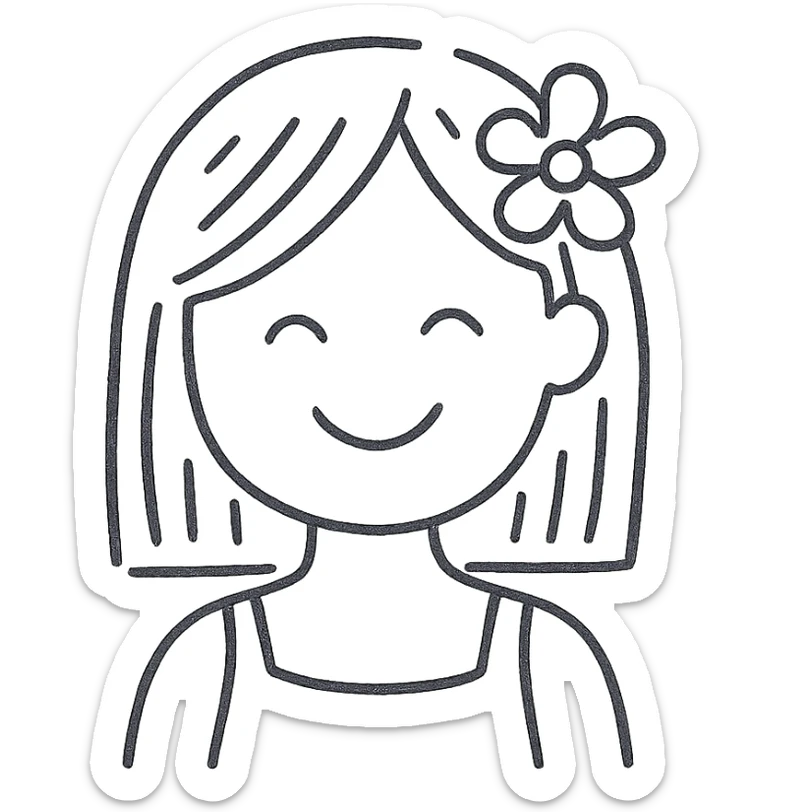 girl with straight hair, flower in hair, summer hand-drawn style outlined icon sticker