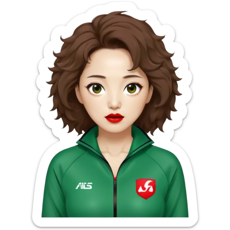 Han Mi-nyeo : Age: Late 40s
Appearance: A middle-aged woman with frizzy, messy brown hair and dramatic red lipstick.
Outfit: Green player tracksuit sticker