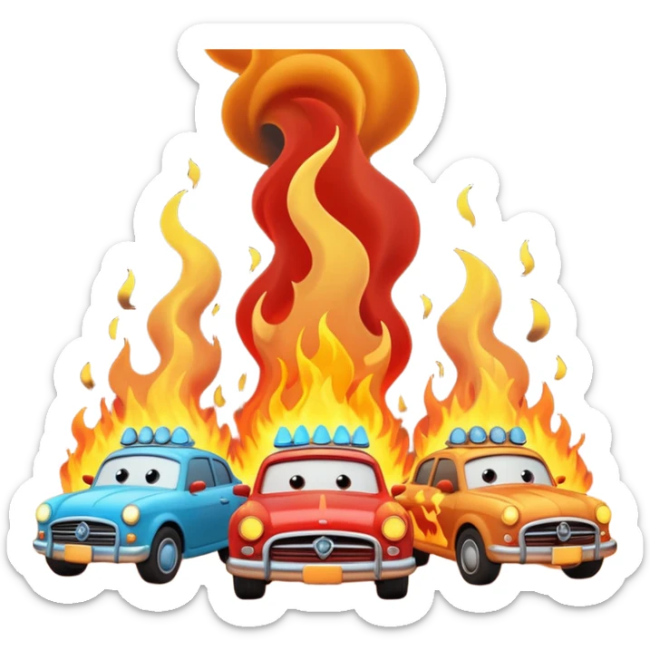 A 3D cartoon scene of cars on fire with smoke rising, chaotic atmosphere, realistic lighting, Memoji-style. sticker