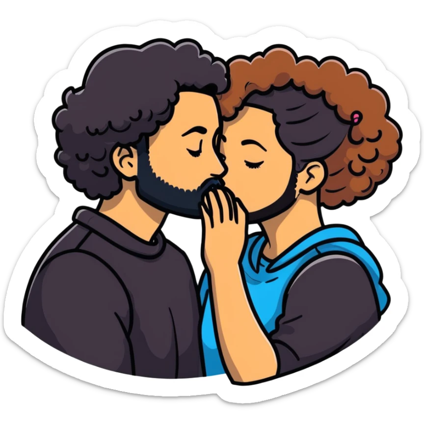 Curly haired girl kissing straight hair man with beard, romantic couple sticker