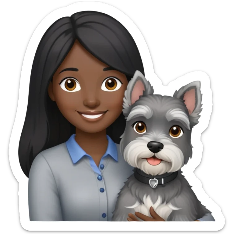 A smilling woman with long black hair holding a light gray Schnauzer sticker