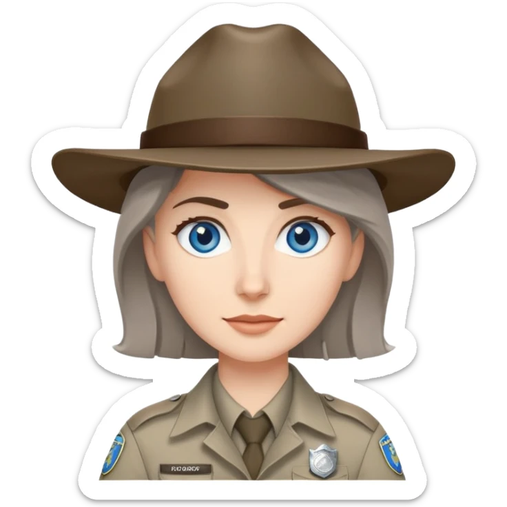white woman park ranger with blue eyes and brown and gray hair sticker
