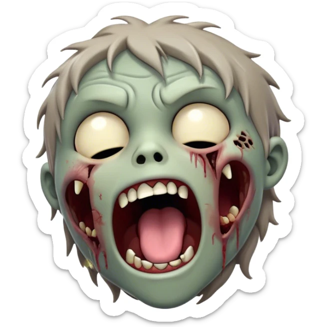 Cinematic Cute Yawning Zombie Portrait Emoji, with a delightfully quirky, slightly disheveled face in muted ashen tones, head tilted back in a big, funny yawn that reveals quirky stitches and playful gaps, simplified yet irresistibly charming, highly detailed with a soft, eerie glowing outline capturing the sleepy, offbeat vibe of a zombie taking a nap! sticker