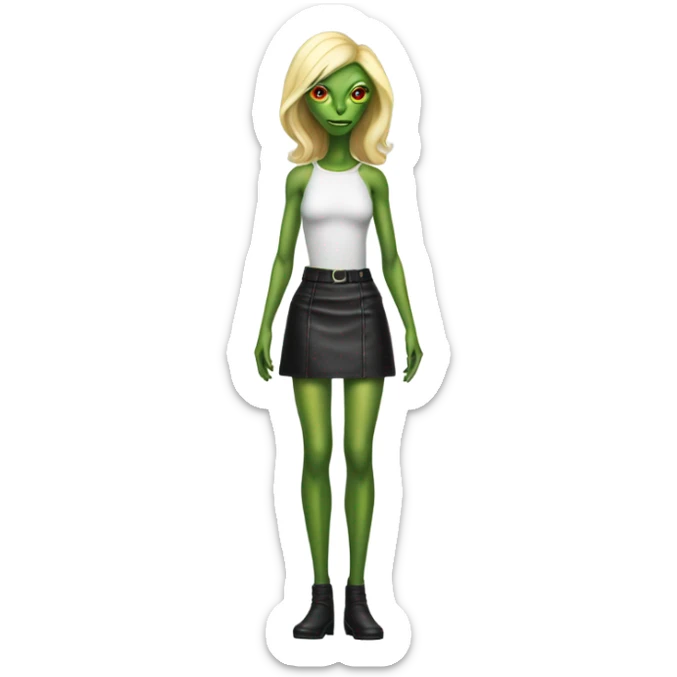 reptilian alien woman, blonde, in blck leather mini skirt, full body sticker