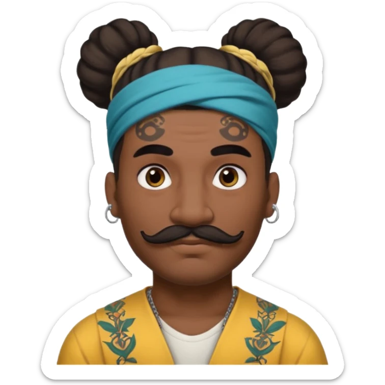 single big bun hair man and mustache and face tattoos very heavy and headband sticker
