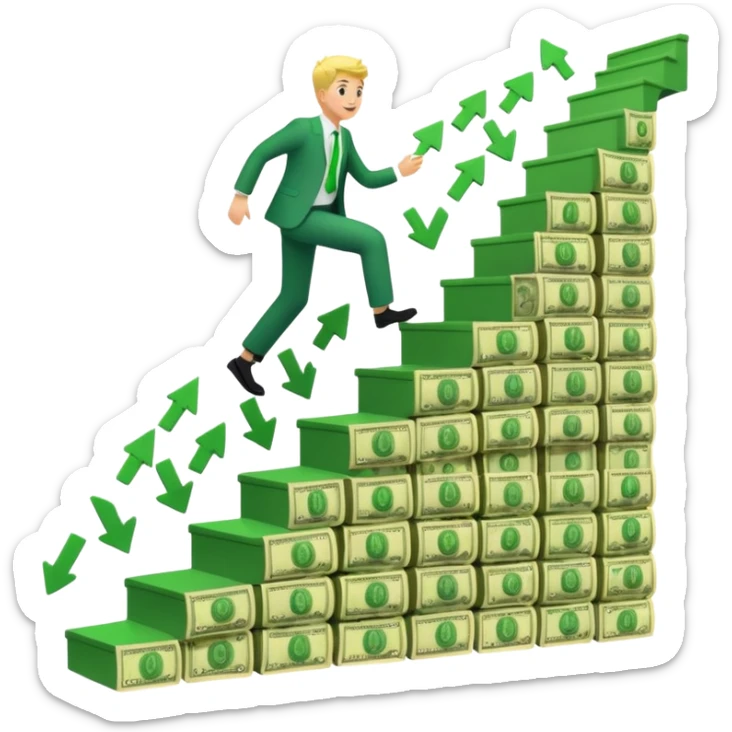 Emoji-style 3D illustration of a person climbing stairs made of money labeled “$10K” and “$20K”, with confetti and upward green arrows, bright optimistic lighting sticker