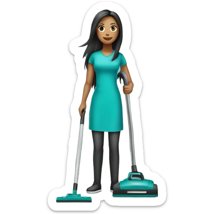 woman cleaner with light skin and long dark straight hair in turquoise color t-shirt. She working with vacuum cleaner sticker