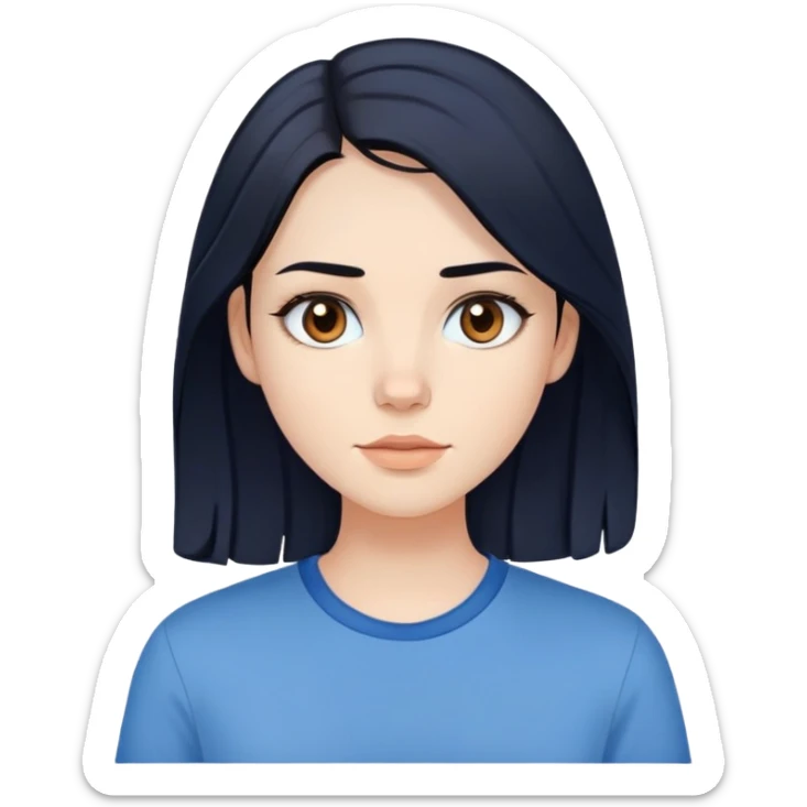 pale girl , who has medium length black hair  with straight waves , brown eyes normal light makeup,blue shirt sticker