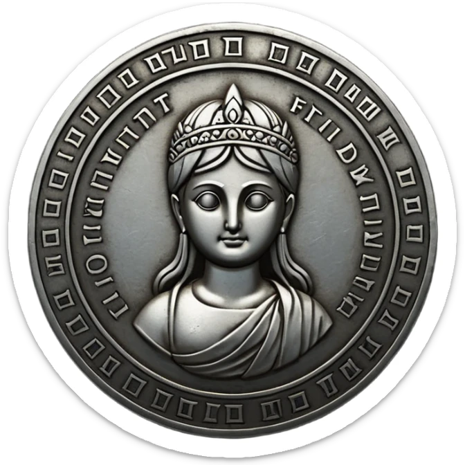 Emoji style, ancient coin made of blackened metal, “FORTUNA” engraved in refined fashion typography, heavy form, subtle worn metal texture, avant-garde editorial aesthetic, no glow, no neon, flat emoji design, centered, transparent background sticker