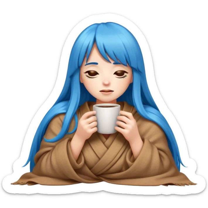 apple style emoji girl with long blue hair and bangs holding a cup of coffee wrapped up in a cozy brown blanket with her eyes closed  sticker