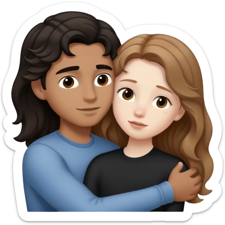girl with long light brown hair and pale skin hugging a boy with short black wavy hair and tanned skin sticker