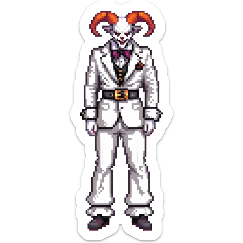 full-body demonic clown in black and white leisure suit with bellbottom pants, bald, black ram horns, flashy black and white belt, ruffled white shirt, no neck tie, large fangs sticker