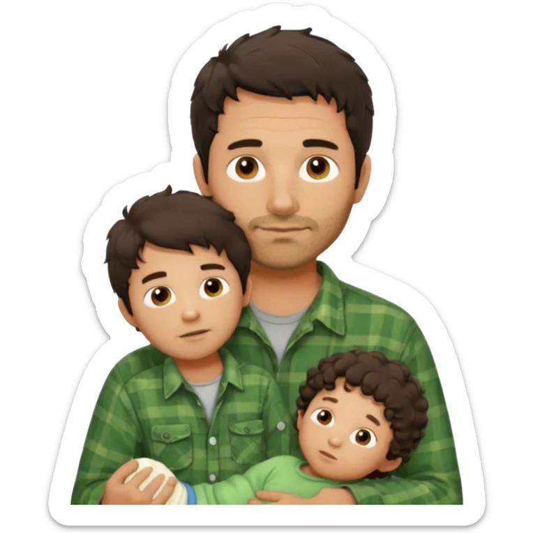 A father with messy medium-length dark hair and light stubble, wearing a green flannel shirt. He holds his child who has short curly brown hair and a cream-colored romper. Cozy warm lighting, authentic family moment. sticker