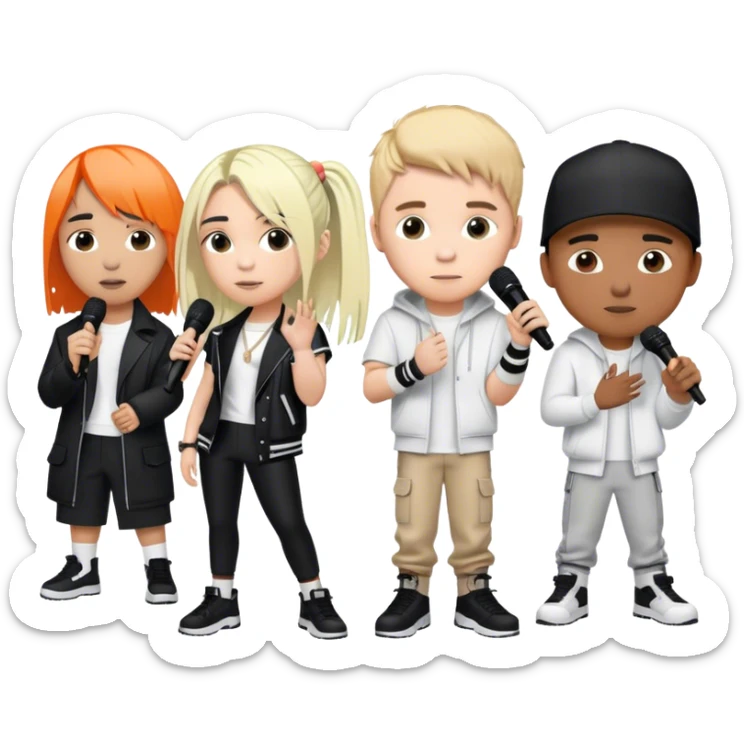 Pop music collage: Justin Bieber, Eminem, Ed Sheeran, and Billie Eilish in signature looks. Stage lights, microphones, and musical notes around them. Transparent background. sticker