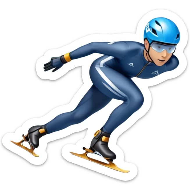 An icon showing a grand arena, snow-covered mountains in the distance, and a crisp blue sky with professional speed skater leaning into a turn on a polished ice track, dressed in a sleek suit and helmet. Transparent background highlights speed and precision. sticker