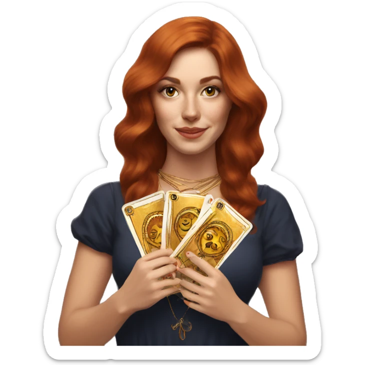 auburn hair beautiful girl with tarot gold cards sticker