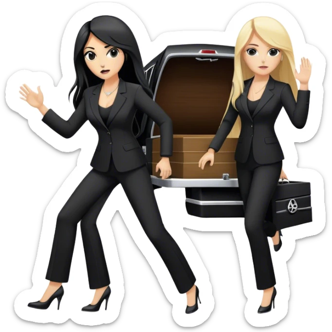 Two woman in black pants suits. They have long hair. One has black hair and one is blond. They are punching a stretcher with a coffin on into a black Mercedes Vito  sticker
