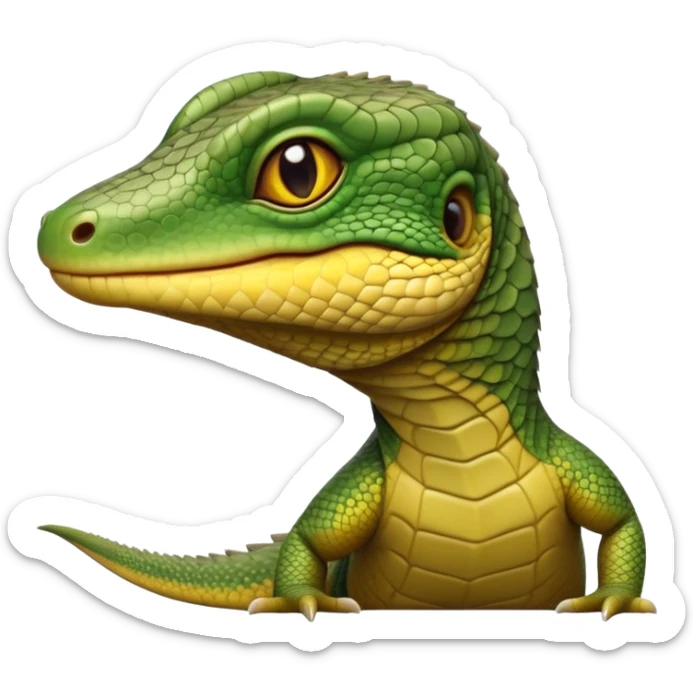 cinematic-realistic-cute-monitor-lizard-portrait-emoji,-head-tilted-playfully-and-inquisitively,-featuring-a-compact,-agile-body-with-finely-detailed,-glossy-scales-in-earthy-olive-hues-and-a-distinct,-alert-face-with-bright,-curious-eyes, yellow and dark green scales sticker