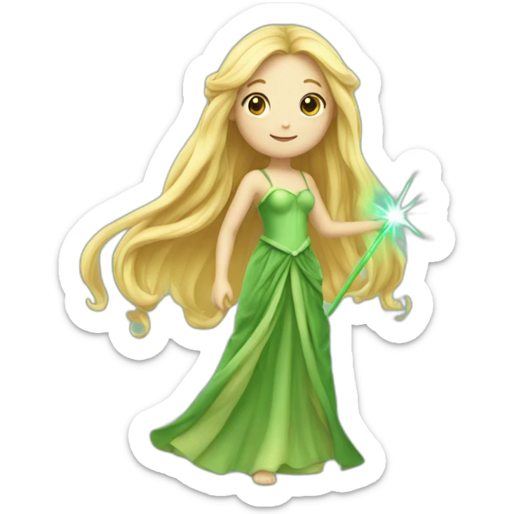 Complete Fairy with long blond hair and green long dress with wand in her hand sticker