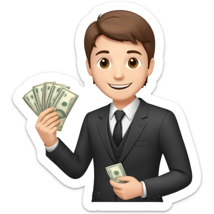 white male in a suit with money in his hand, smiling expression, happy face, brown hair sticker