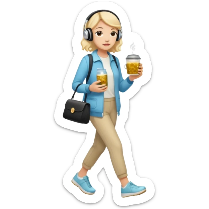 a young woman full length walks with headphones on with a caviar sandwich in one hand and herbal tea in the other hand sticker